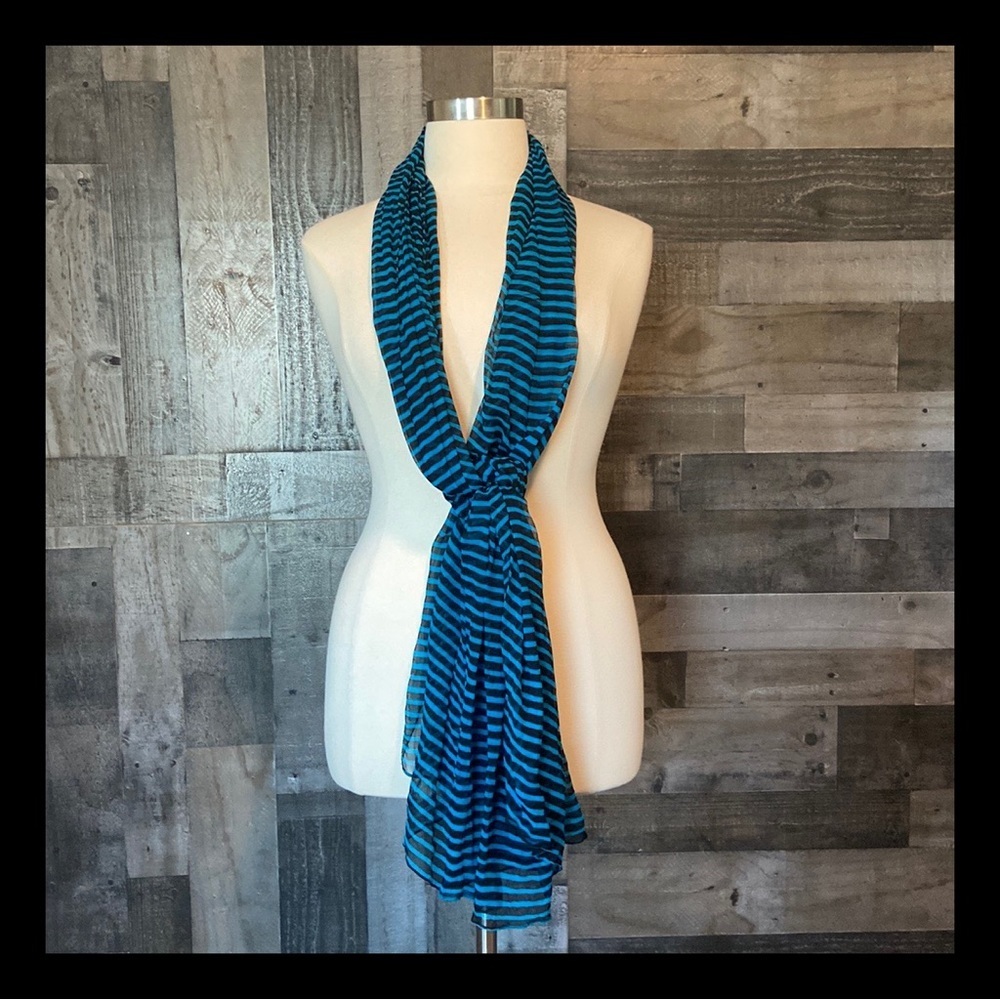 Blue black striped scarf sheer preppy gorpcore business casual coastal vacation